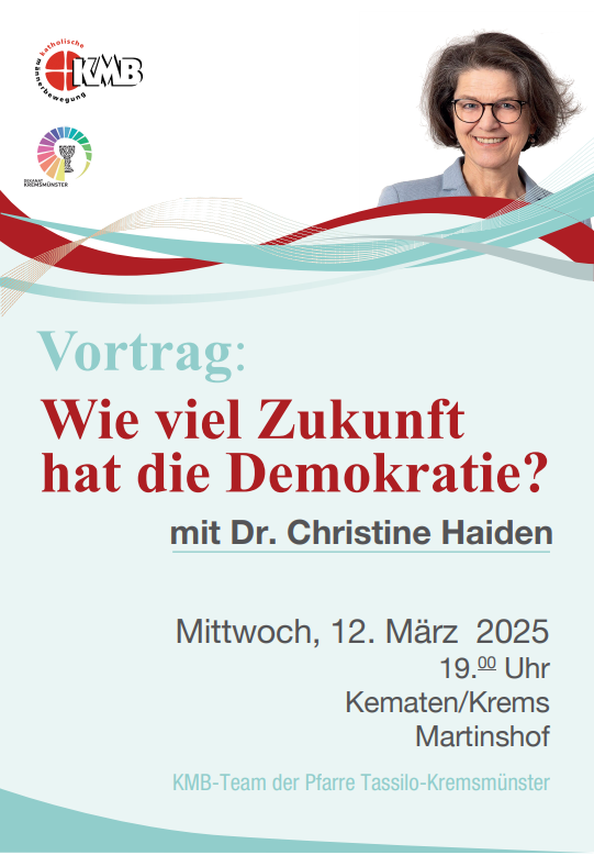 Plakat zum Vortrag der KMB mit Drin Christine haiden zum thema Demokratie